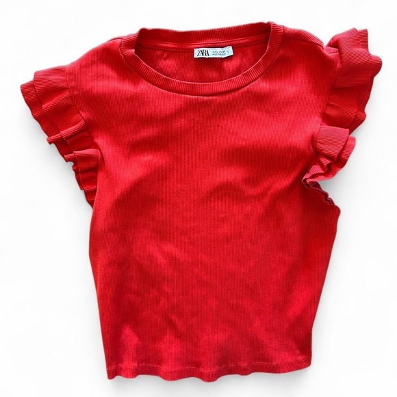 Zara Ribbed Red Ruffle Sleeve Crop Top - Picture 1 of 4